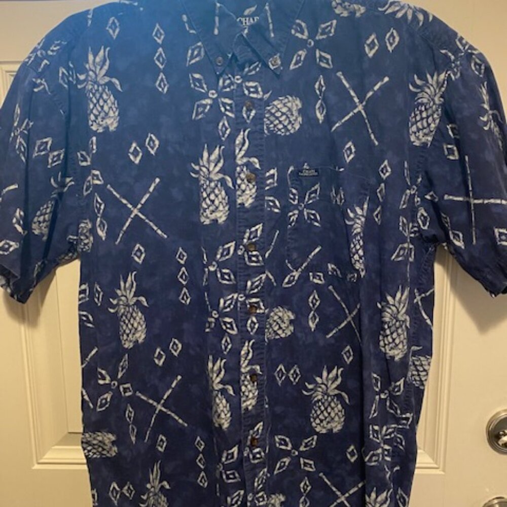 Ralph Lauren Chaps Hawaiian Style Shirt Navy Blue Pineapple Design SS Large